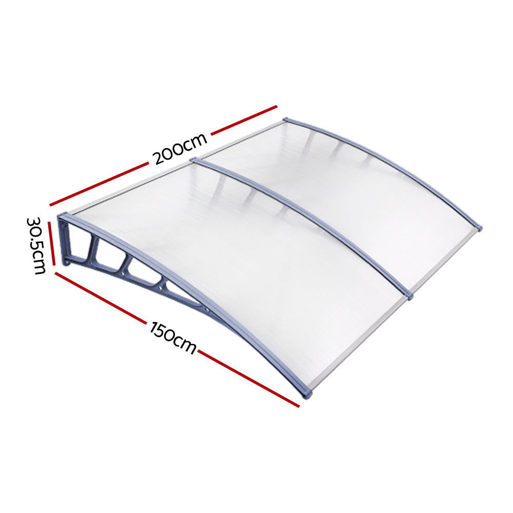 Instahut Window Door Awning Canopy 1.5mx2m Transparent Sheet Grey Plastic Frame