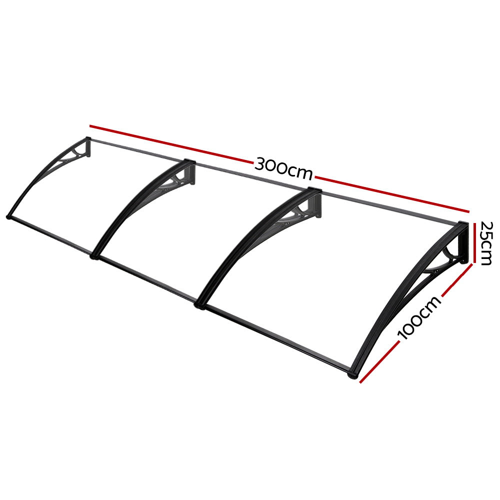 Instahut Window Door Awning Canopy 1mx3m Transparent Solid Sheet Plastic Frame