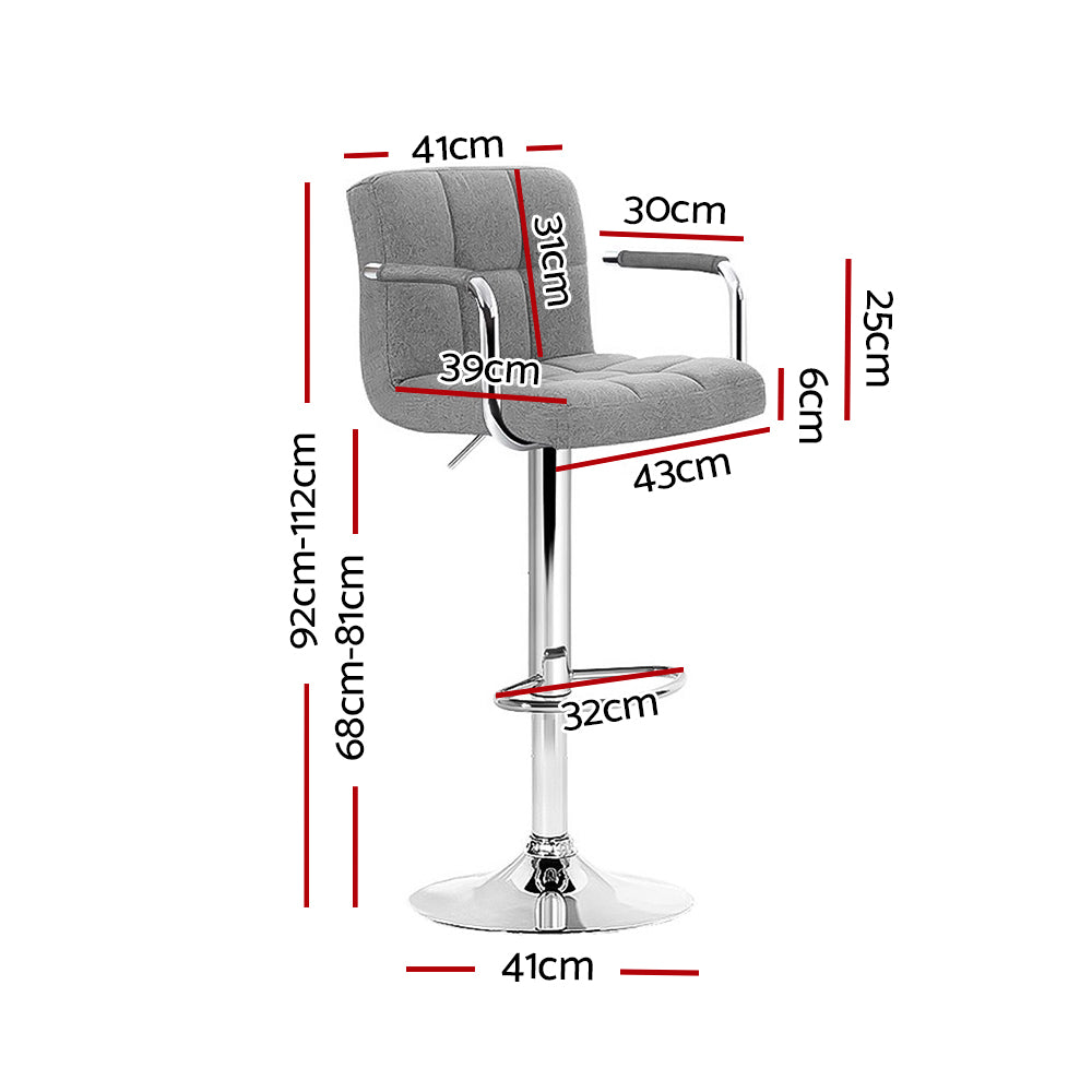 Artiss 2x Bar Stools Fabric Gas Lift w/Armrest Grey