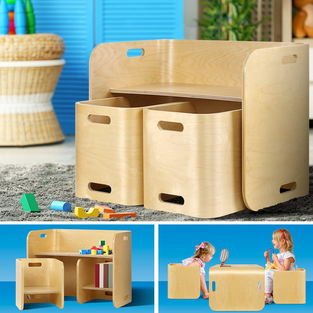 Keezi 3PCS Kids Table and Chairs Set Multifunctional Storage Desk