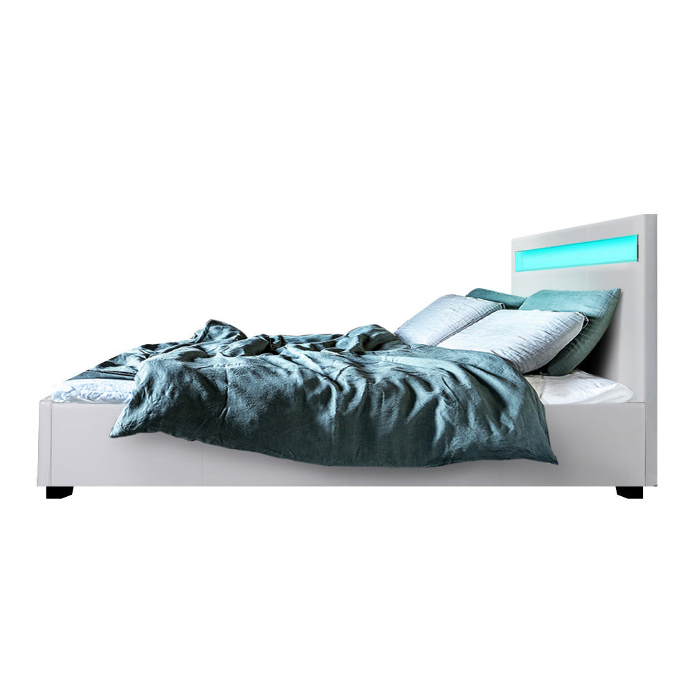 Artiss Bed Frame Queen Size LED Gas Lift White COLE