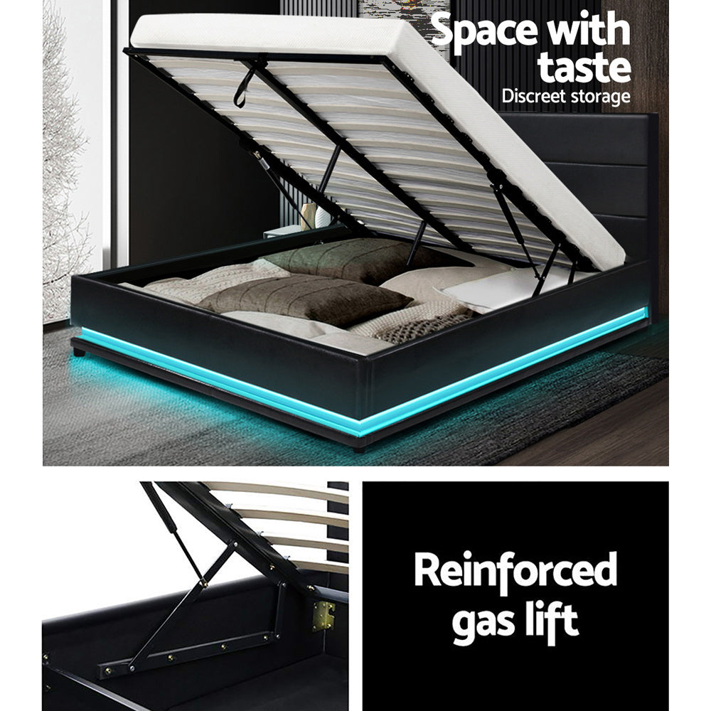 Artiss Bed Frame Double Size LED Gas Lift Black LUMI