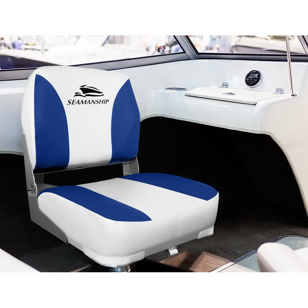 Seamanship 2X Folding Boat Seats Marine Swivel Low Back 13cm Padding White Blue