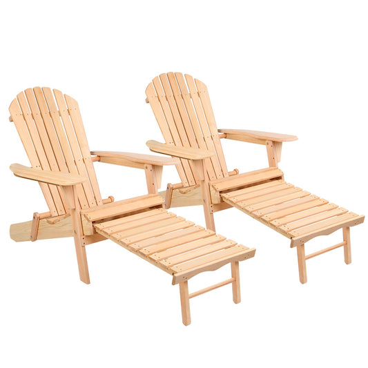 Gardeon 2PC Adirondack Outdoor Chairs Wooden Sun Lounge Patio Furniture Garden Natural