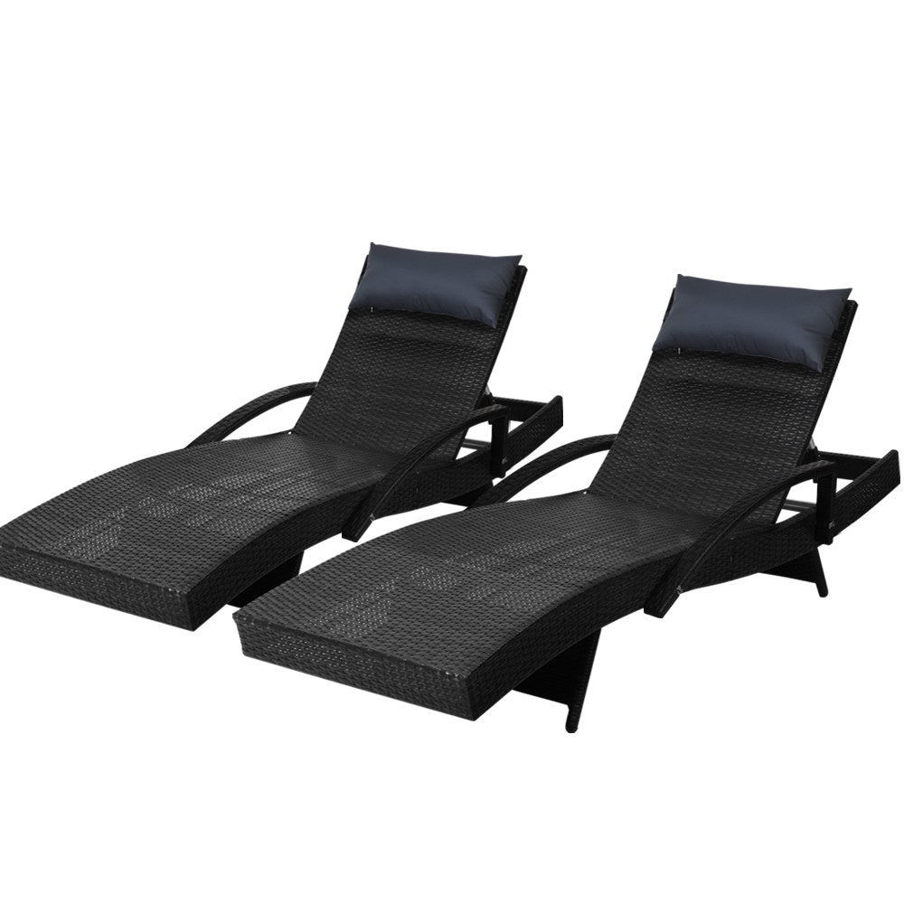 Gardeon 2x Sun Lounge Wicker Lounger Outdoor Furniture Beach Chair Armrest Adjustable Black