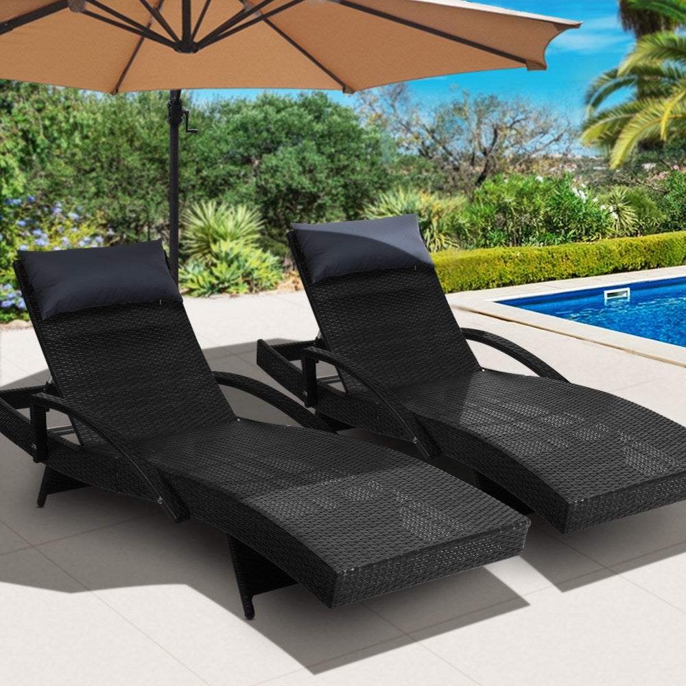 Gardeon 2x Sun Lounge Wicker Lounger Outdoor Furniture Beach Chair Armrest Adjustable Black