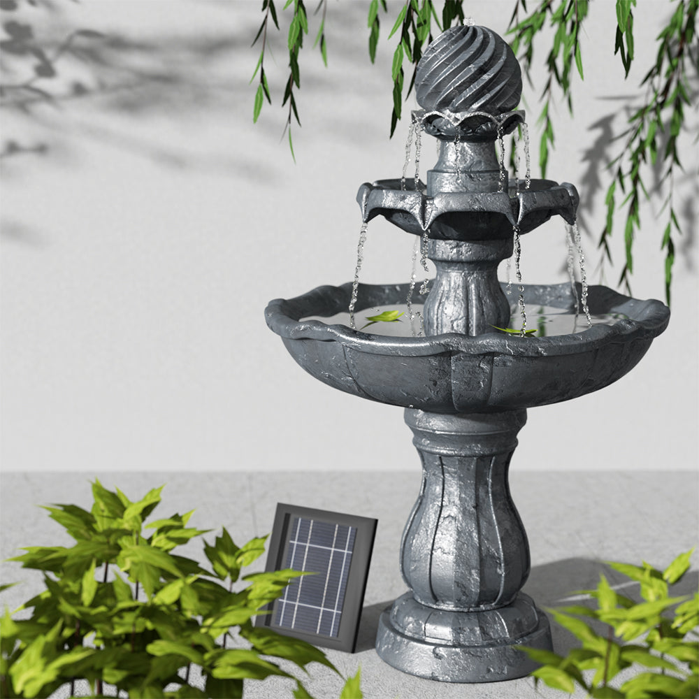 Gardeon Solar Water Feature 3-Tier Fountain with Pump Kit Bird Bath 93CM Black