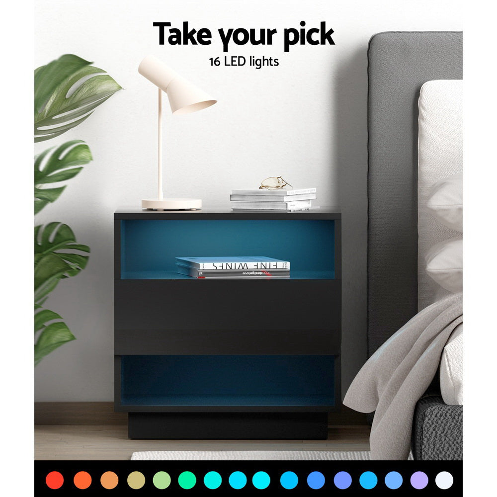 Artiss Bedside Table LED with 2 Shelves - HANA Black