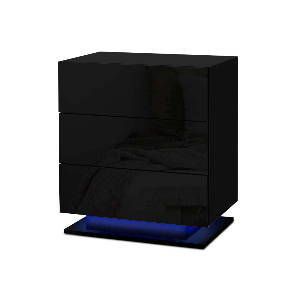 Artiss Bedside Table LED 3 Drawers - MORI Black