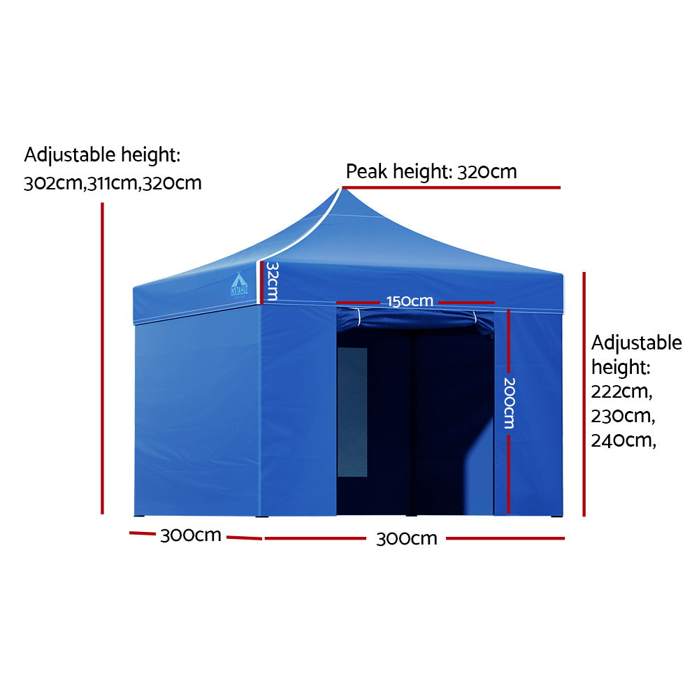 Instahut Gazebo 3x3 Pop Up Marquee Folding Tent Wedding Gazebos Camping Outdoor Shade Canopy Blue