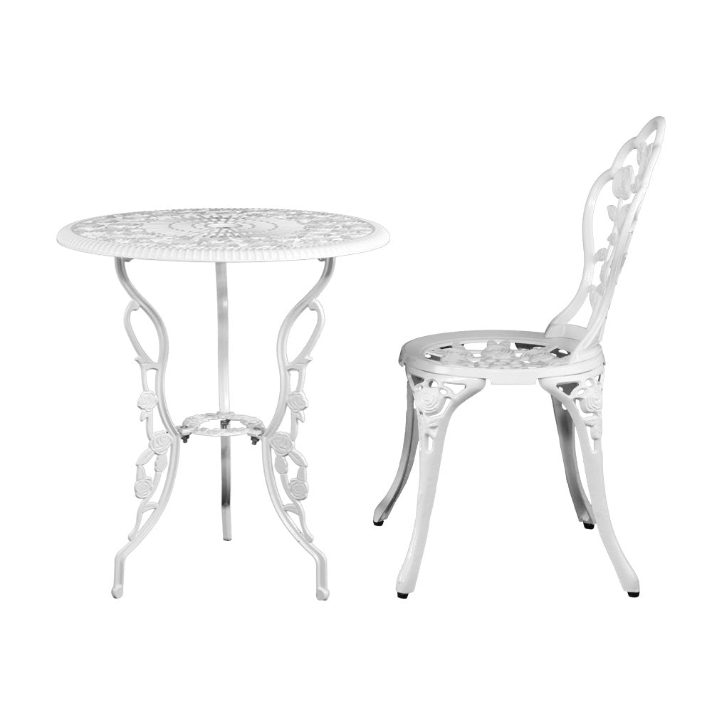 Gardeon 3PC Outdoor Setting Bistro Set Chairs Table Cast Aluminum Patio Furniture Rose White