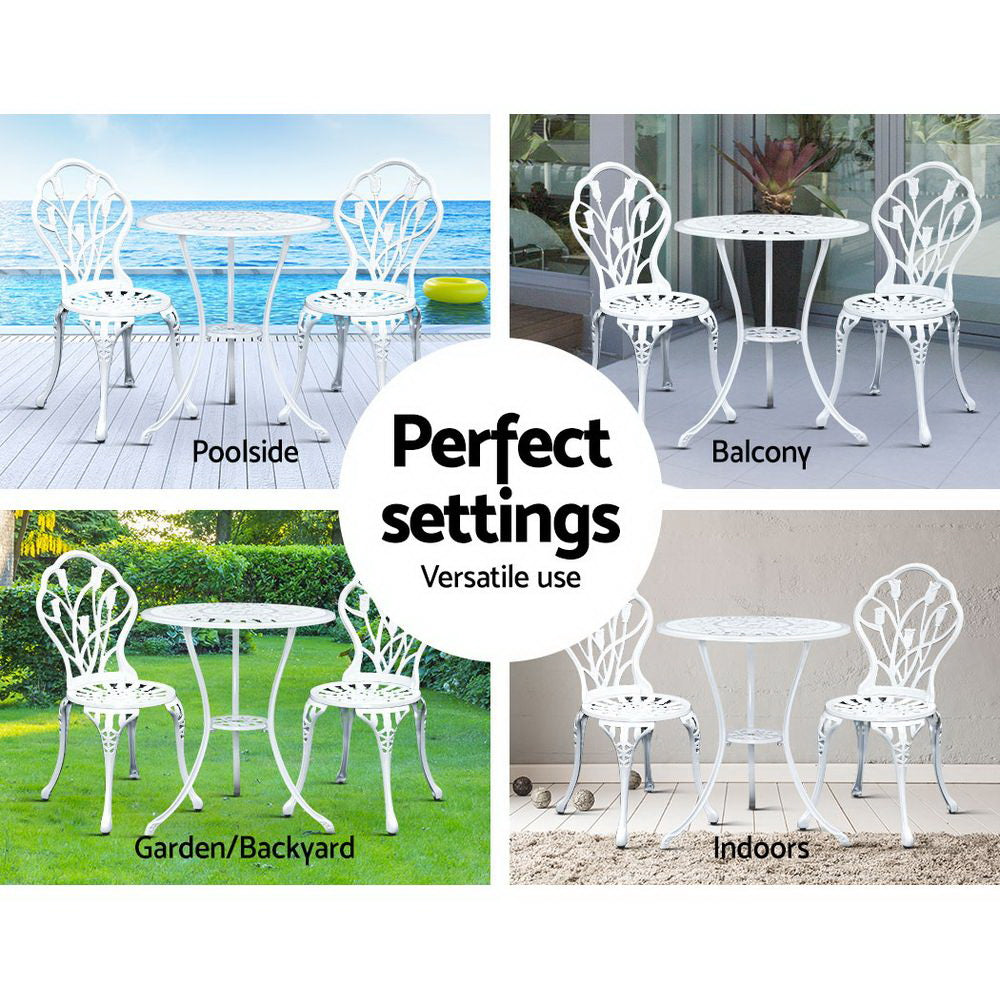 Gardeon 3PC Outdoor Setting Bistro Set Chairs Table Cast Aluminum Patio Furniture Tulip White