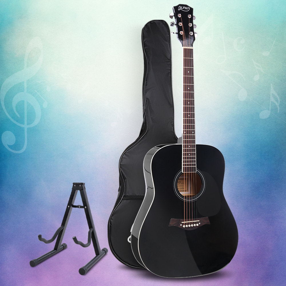 Alpha 41 Inch Acoustic Guitar Wooden Body Steel String Dreadnought Stand Black