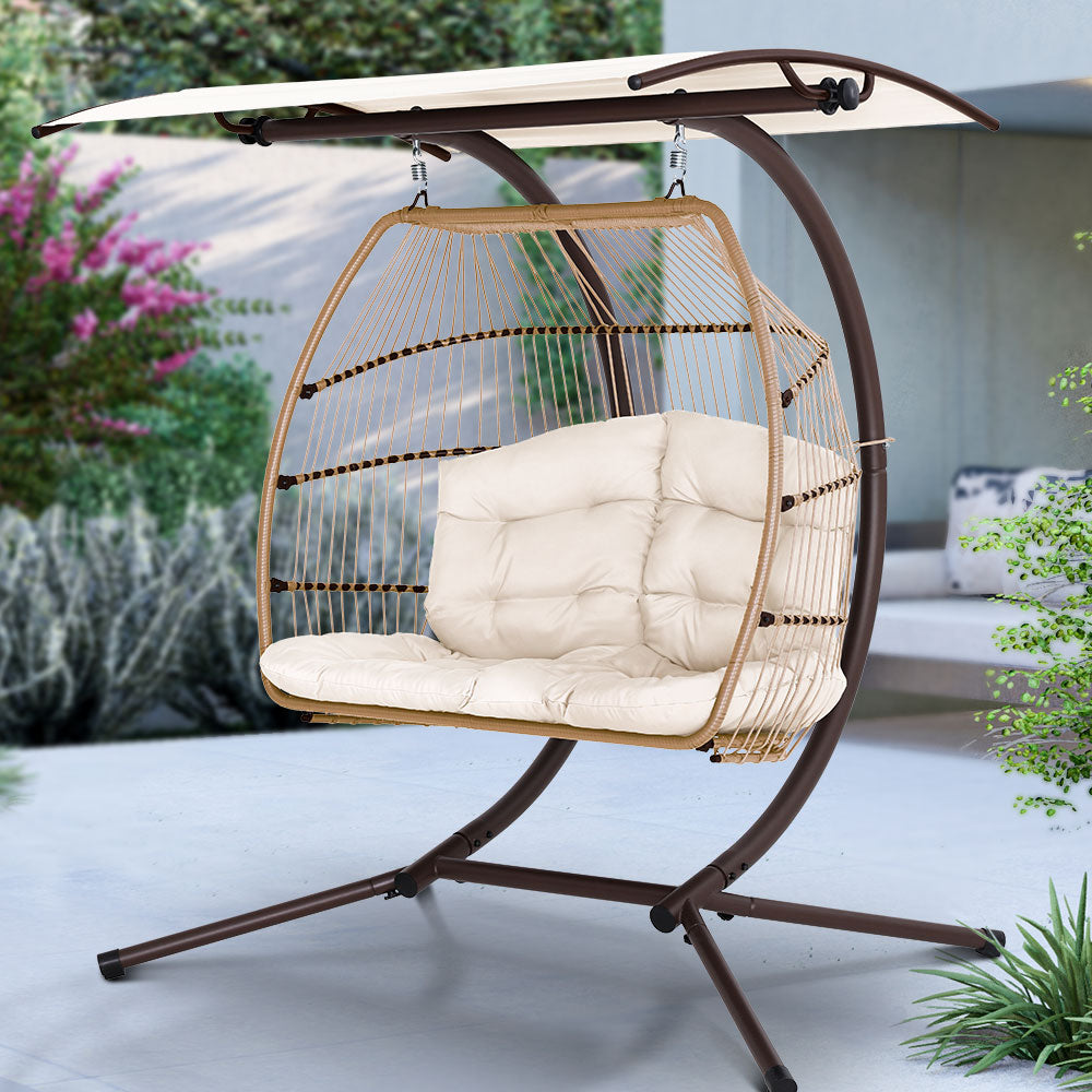 Gardeon Outdoor Egg Swing Chair Wicker Furniture Pod Stand Canopy 2 Seater Latte