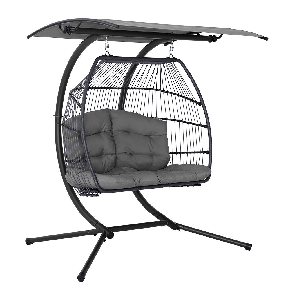 Gardeon Outdoor Egg Swing Chair Wicker Furniture Pod Stand Canopy 2 Seater Grey