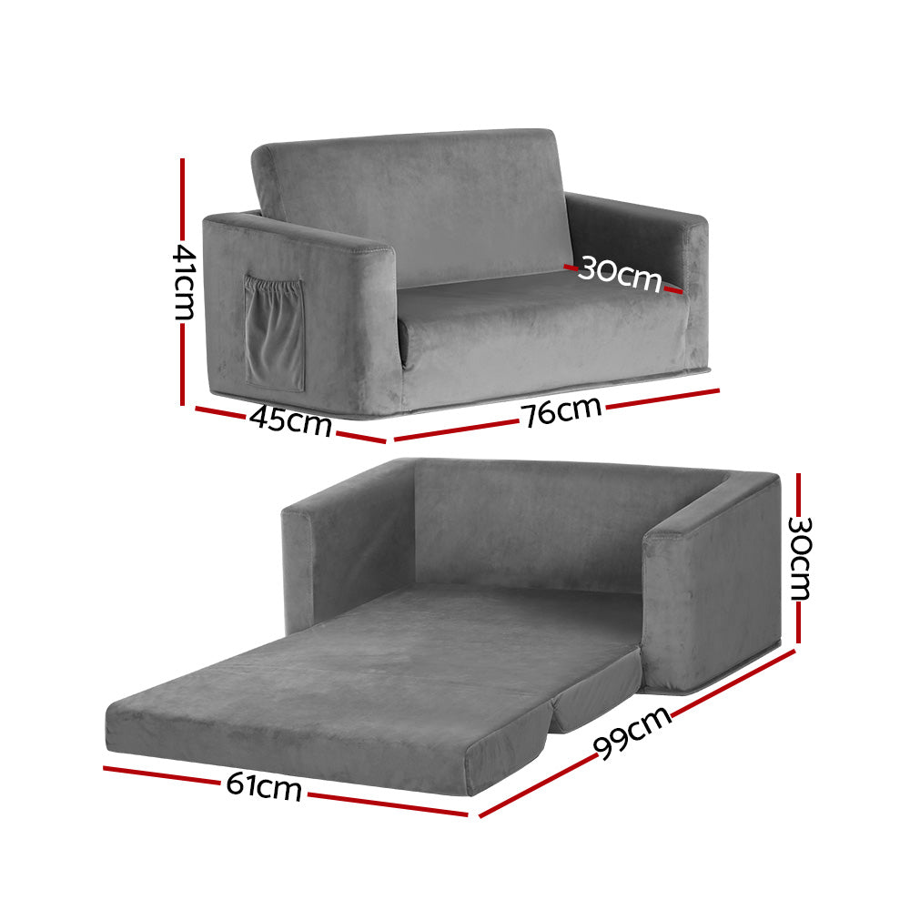 Keezi Kids Sofa 2 Seater Children Flip Open Couch Velvet Armchair Grey