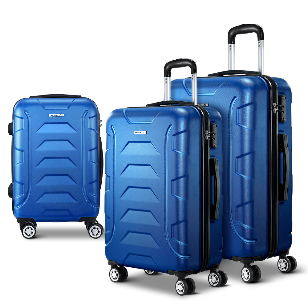 Wanderlite 3pc Luggage Trolley Travel Suitcase Set TSA Hard Shell Case Strap Blue