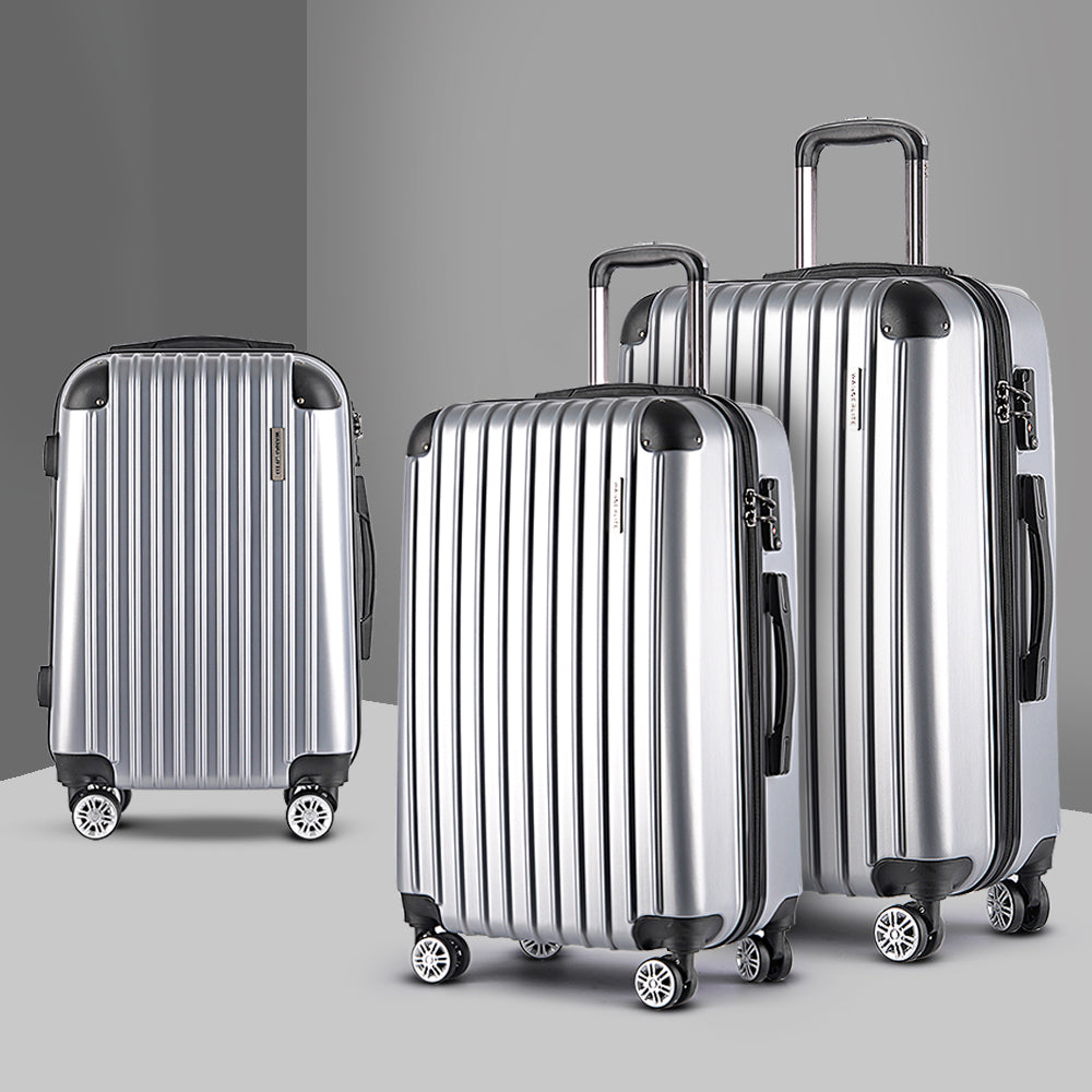 Wanderlite 3pc Luggage Trolley Travel Set Suitcase Carry On TSA Lock Hard Case Lightweight Silver