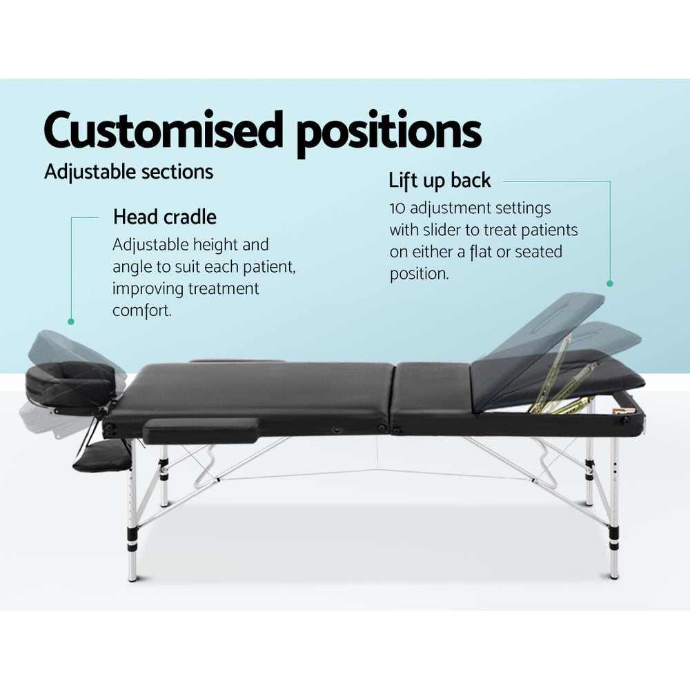 Zenses Massage Table 80cm Portable 3 Fold Aluminium Beauty Bed Black