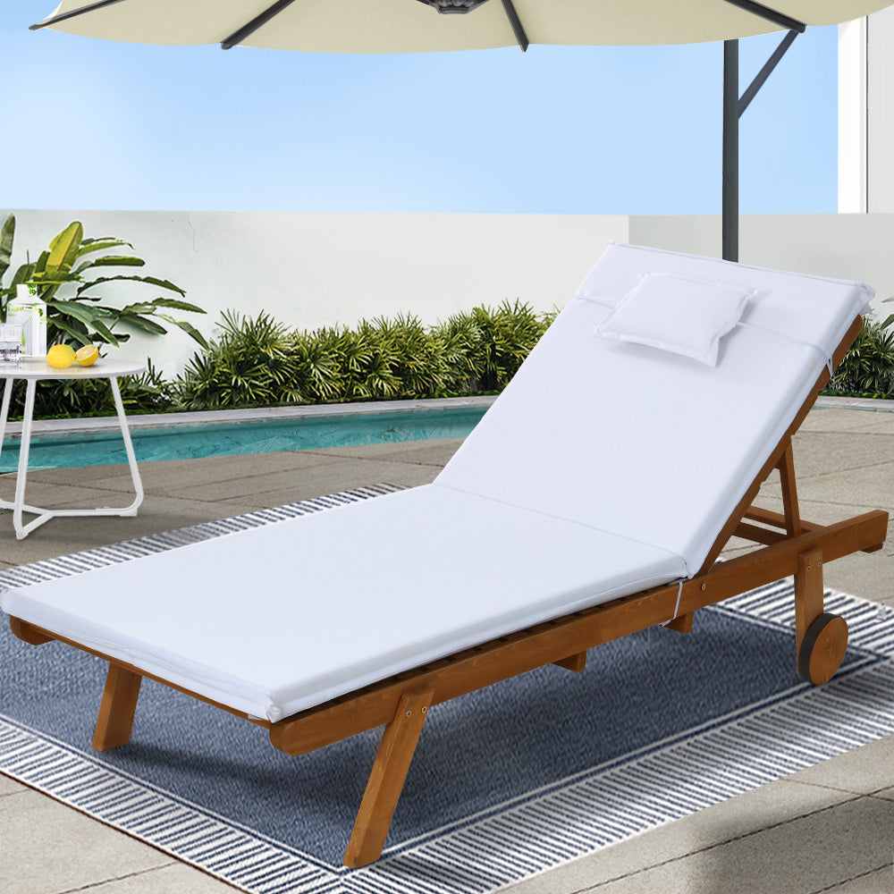 Gardeon Sun Lounge Wooden Lounger Outdoor Furniture Day Bed Wheels Patio White