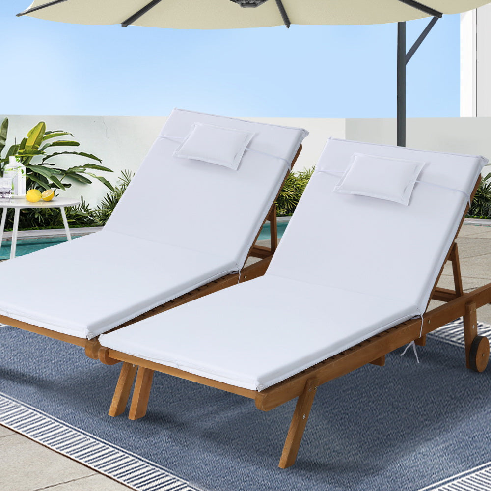 Gardeon 2x Sun Lounge Wooden Lounger Outdoor Furniture Day Bed Wheel Patio White