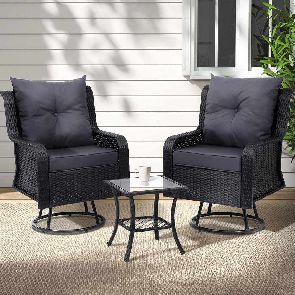 Gardeon 3PC Outdoor Furniture Bistro Set Lounge Wicker Swivel Chairs Table Cushion Black