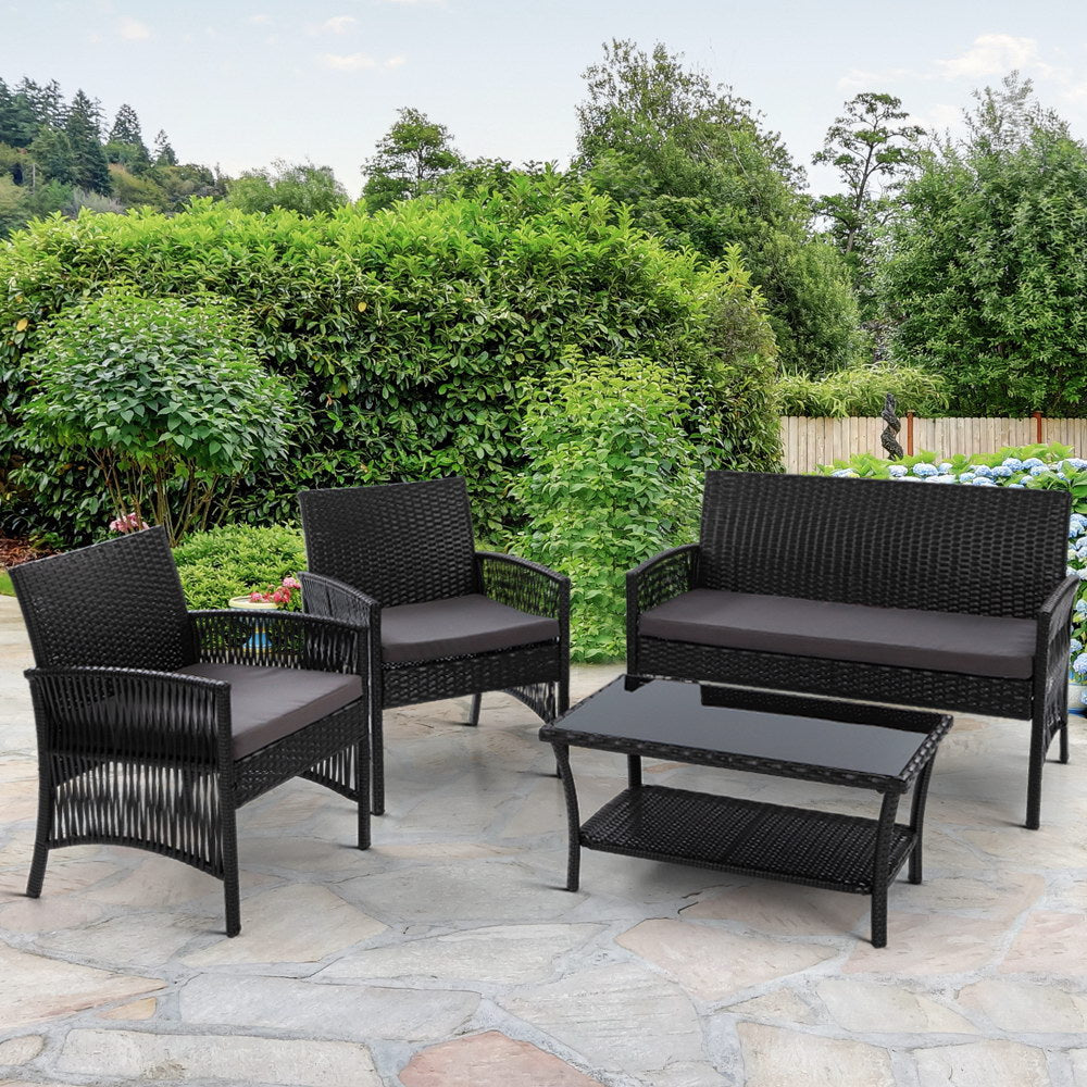 Gardeon 4PCS Outdoor Sofa Set Wicker Harp Chair Table Garden Furniture Black