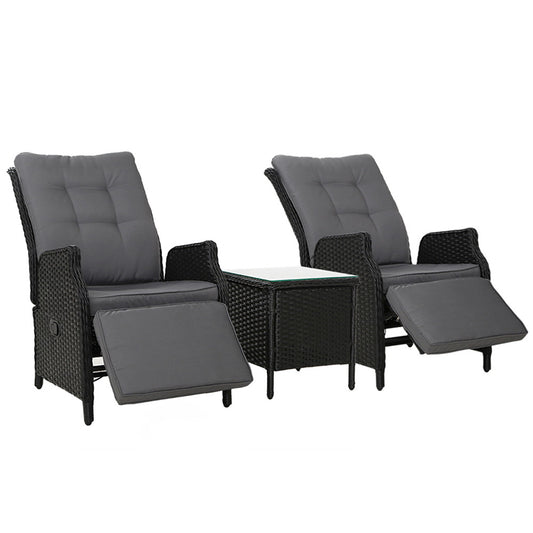 Gardeon 3PC Recliner Chairs Table Sun lounge Outdoor Furniture Wicker Adjustable Black