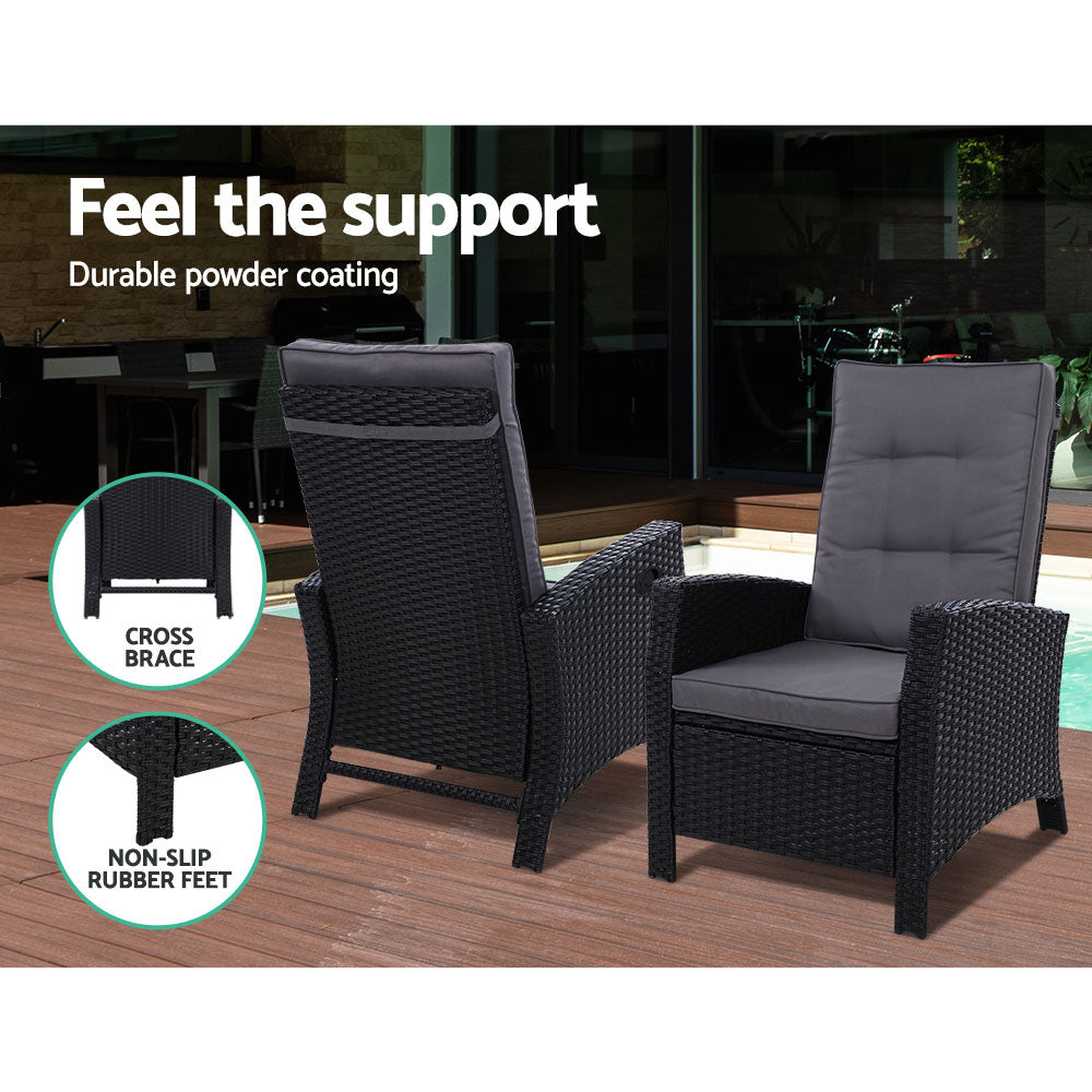 Gardeon 3PC Recliner Chairs Table Sun lounge Wicker Outdoor Furniture Adjustable Black