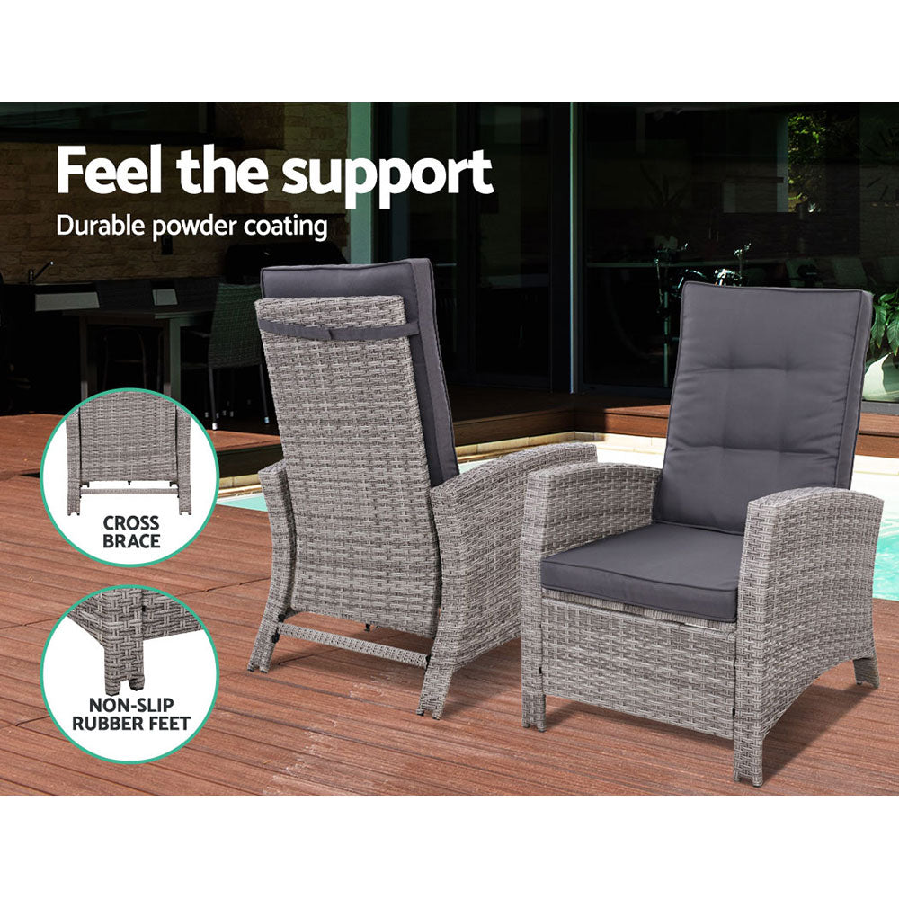 Gardeon 3PC Recliner Chairs Table Sun lounge Wicker Outdoor Furniture Adjustable Grey