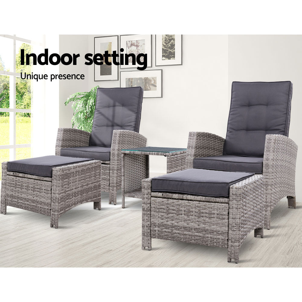 Gardeon 5PC Recliner Chairs Table Sun lounge Wicker Outdoor Furniture Adjustable Grey