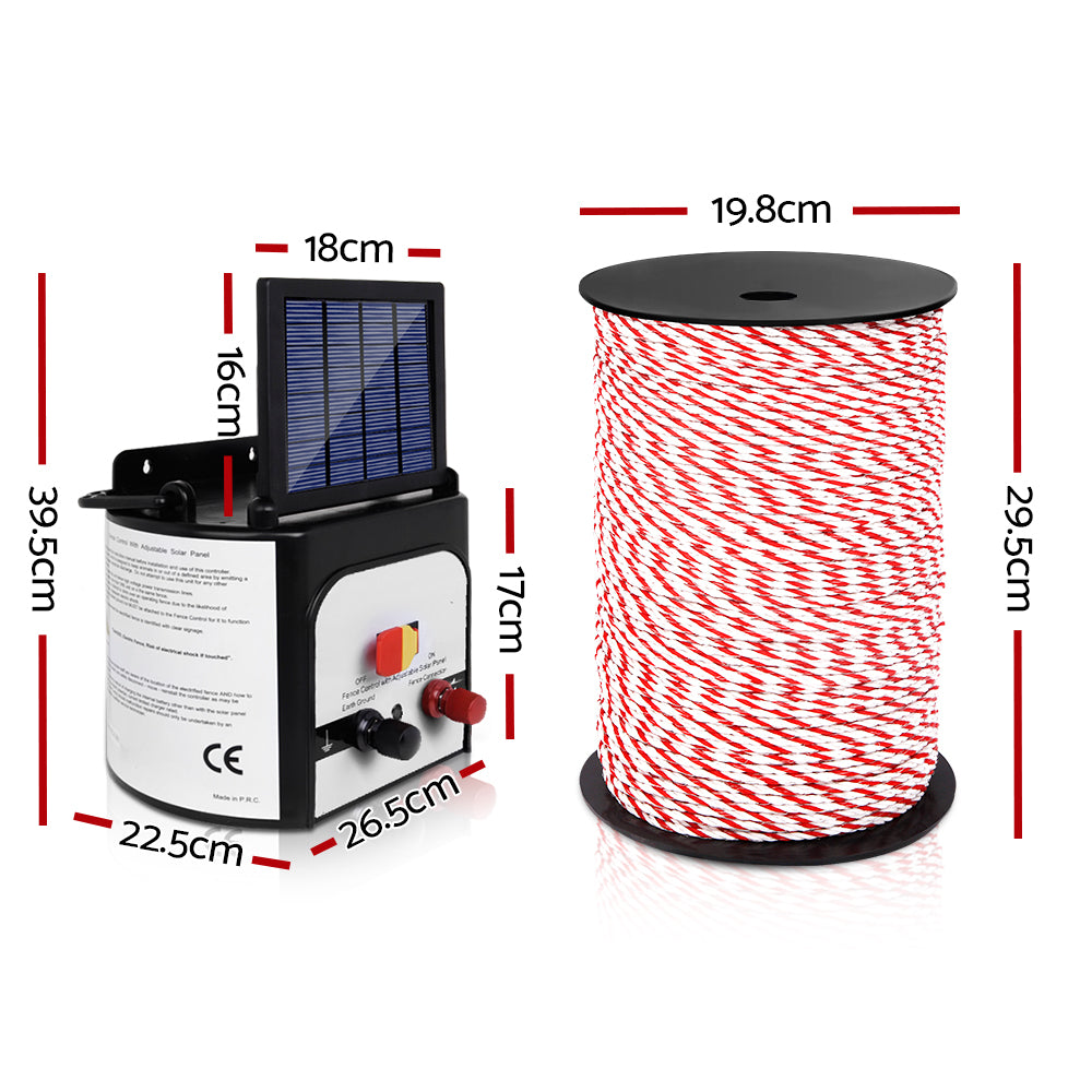 Giantz Fence Energiser 8KM Solar Powered Electric 500M Poly Rope