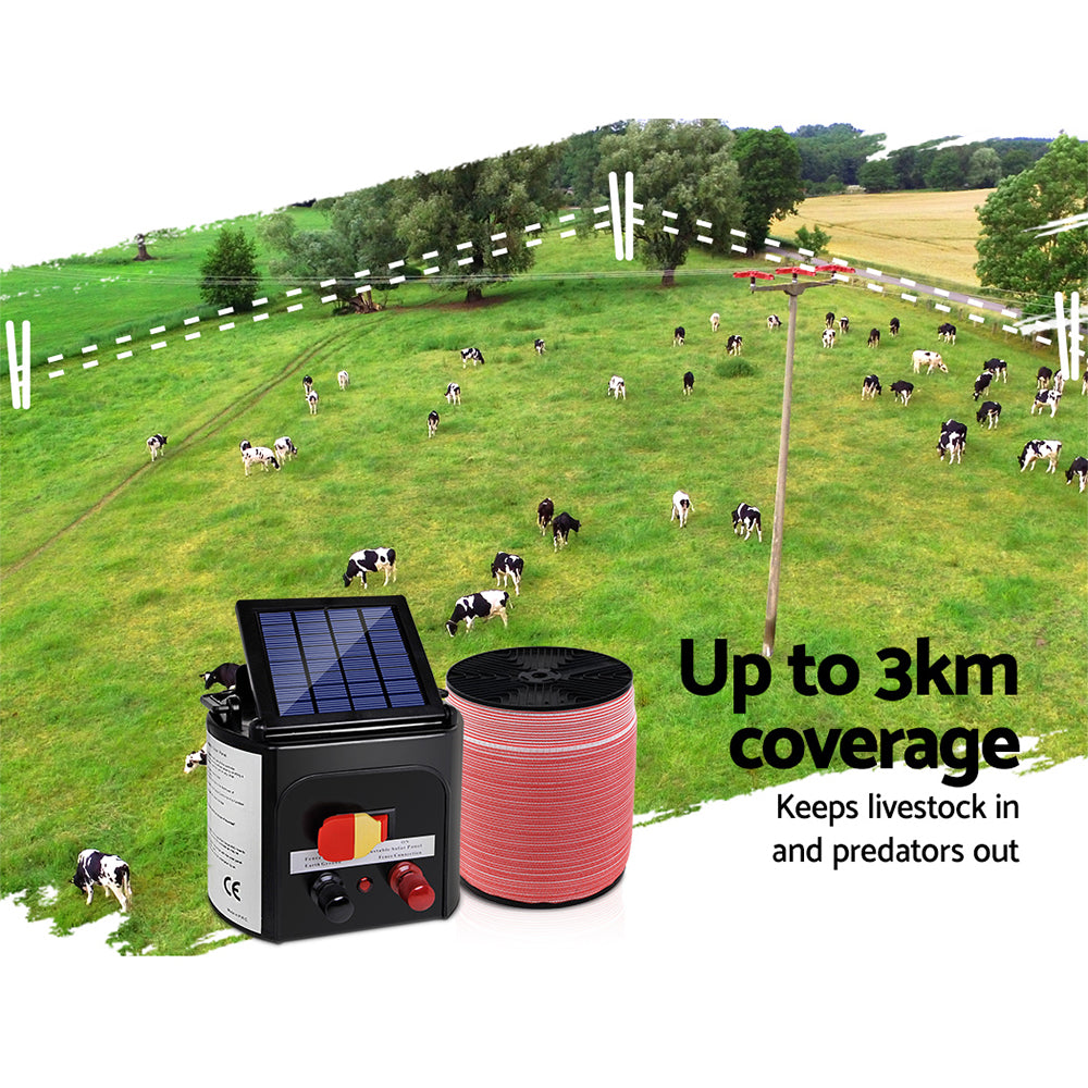 Giantz Fence Energiser 3KM Solar Powered Electric 1200M Poly Tape