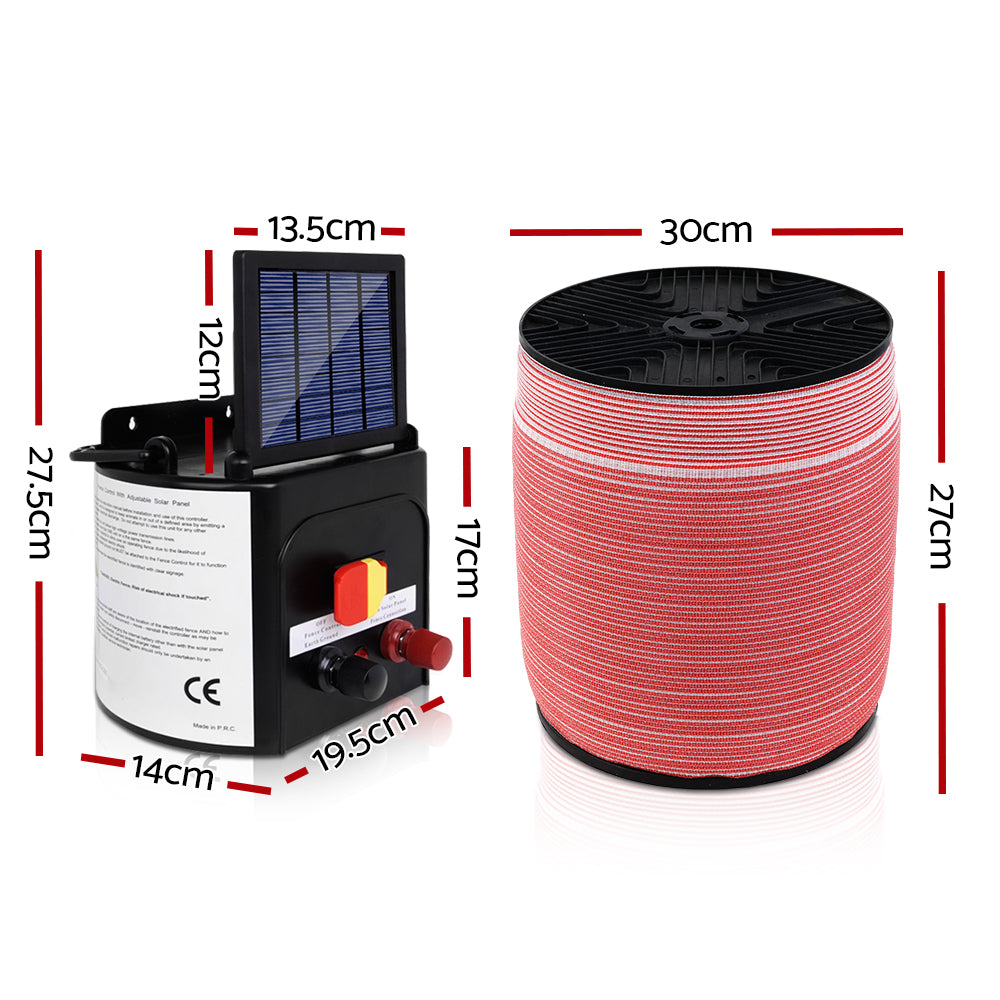 Giantz Fence Energiser 5KM Solar Powered Electric 1200M Poly Tape