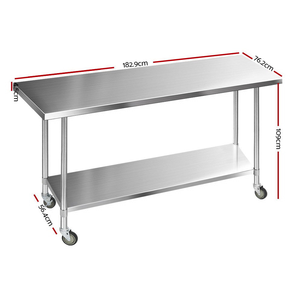 Cefito 1829x760mm Stainless Steel Kitchen Bench with Wheels 430