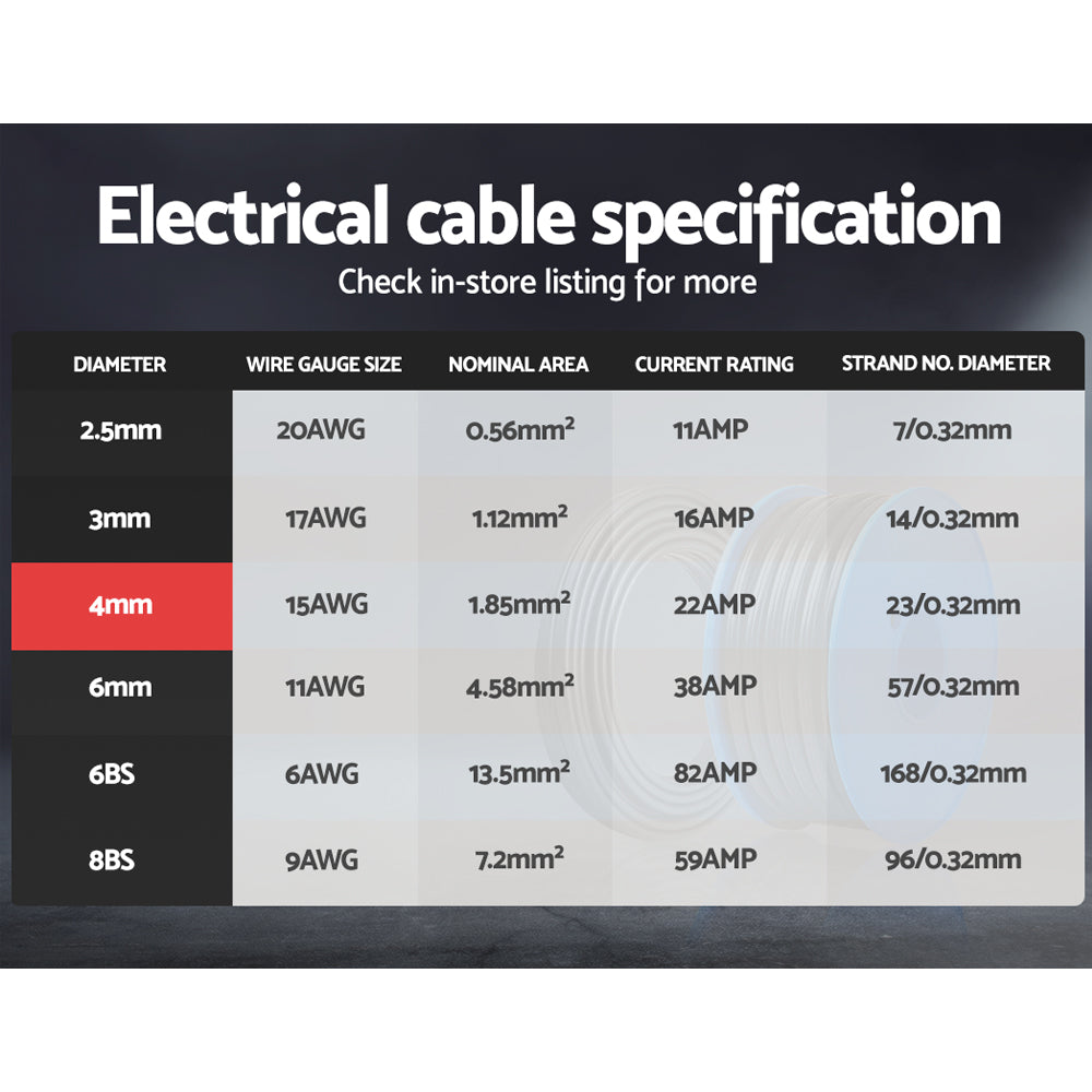 Giantz 4MM 100M Twin Core Wire Electrical Cable Extension Car 450V 2 Sheath