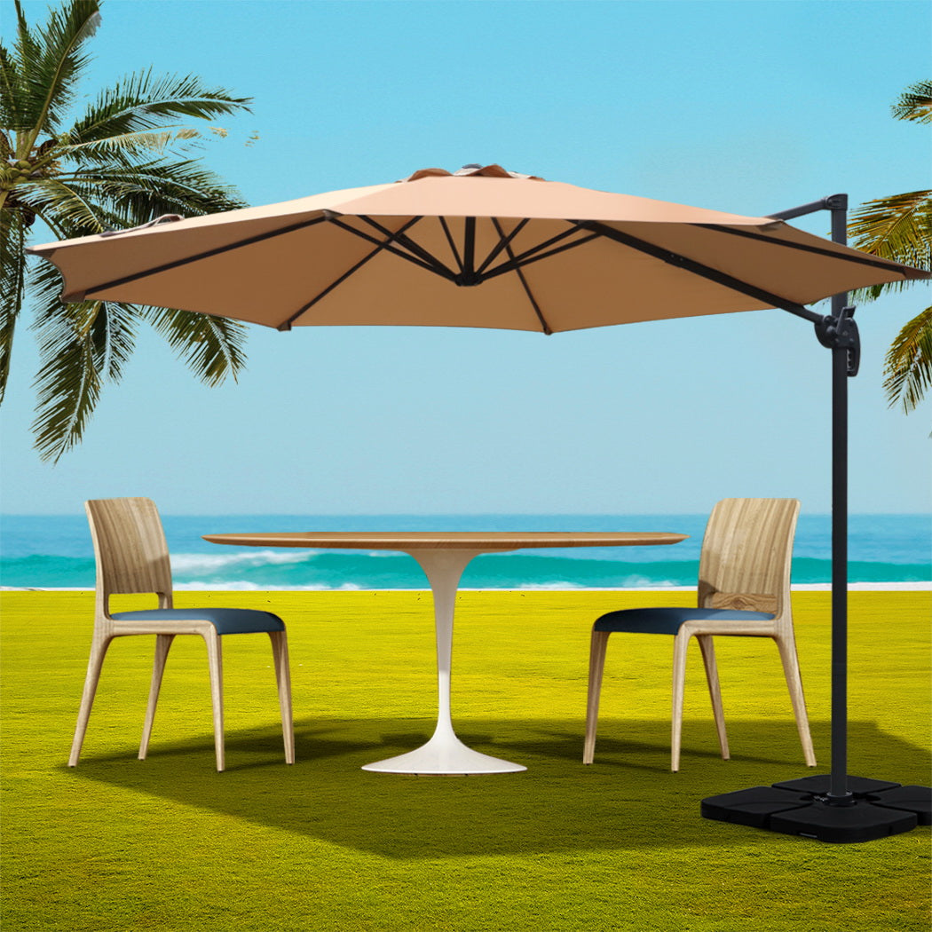 Instahut 3m Outdoor Umbrella w/Base Cantilever Beach Roma 360 Degree Tilt Beige