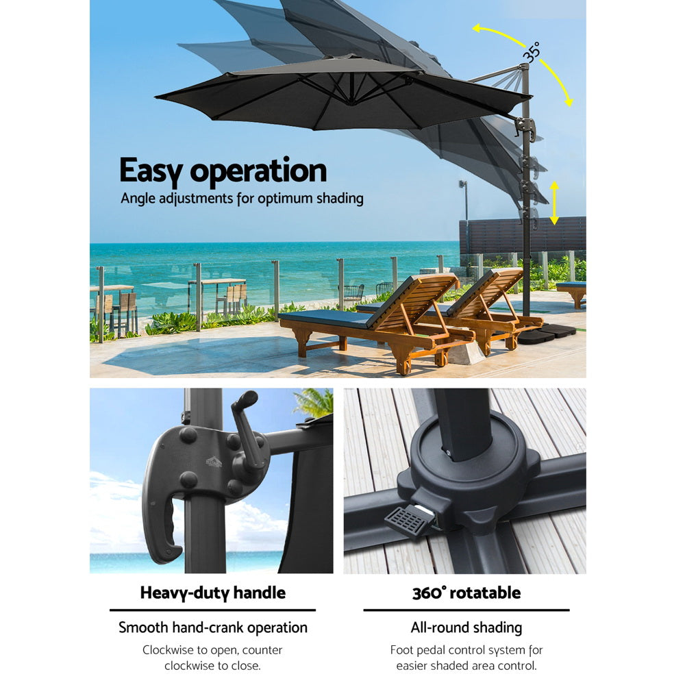 Instahut 3m Outdoor Umbrella w/Base Cantilever Beach Roma 360 Degree Tilt Black